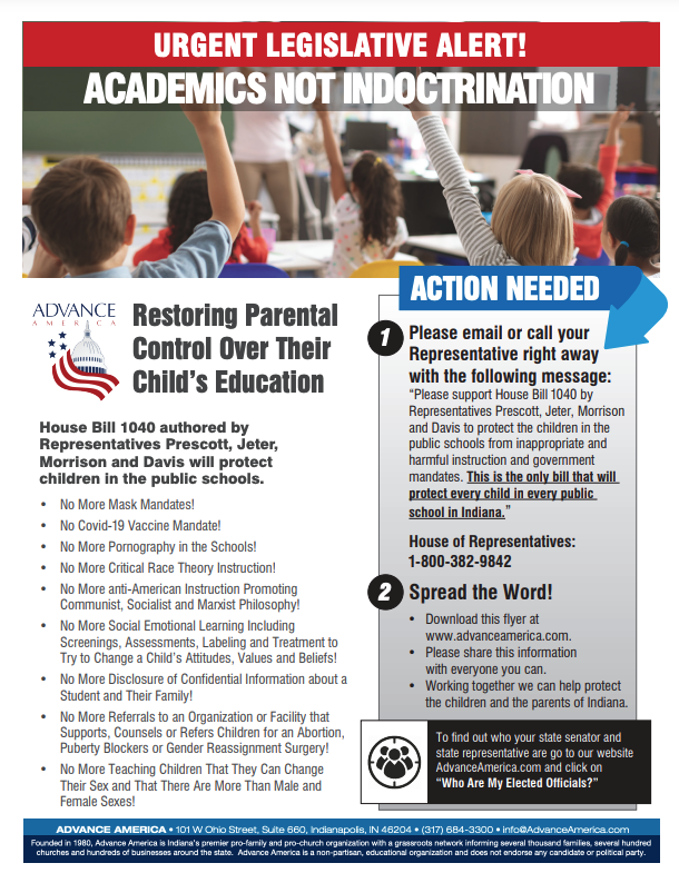 Legislative Alert (HB1040) - Restoring Parental Control Over Their Child’s Education Legislation authored by Representatives Prescott, Jeter, Morrison
and Davis will protect children in the public schools.
